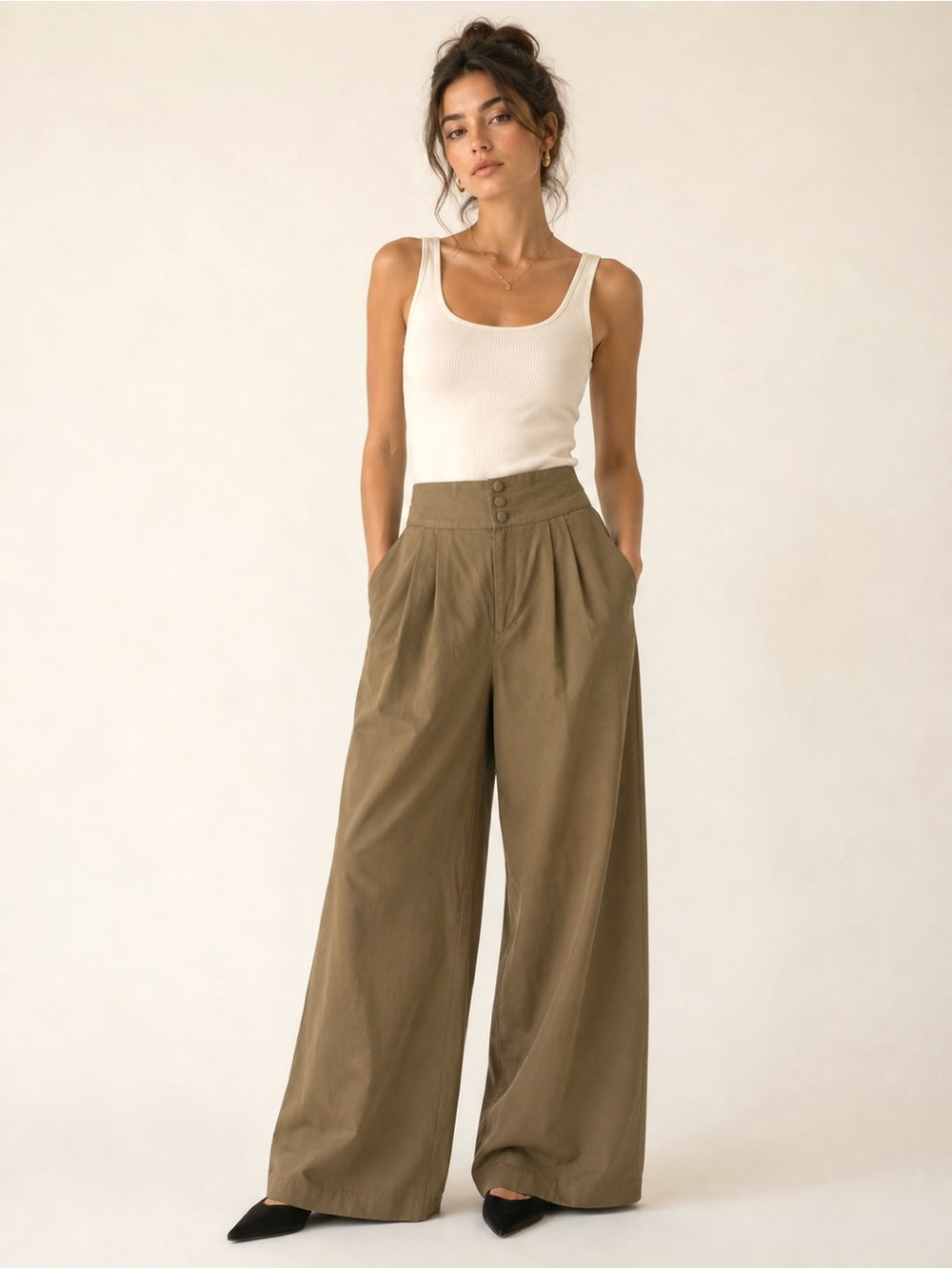Army Green Pleated High Waisted Wide Leg Barrel Pants Minimalist Goblin Earthy